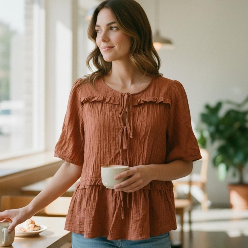 Laura Ashley Terracotta Ruffle Blouse Flowy Boho